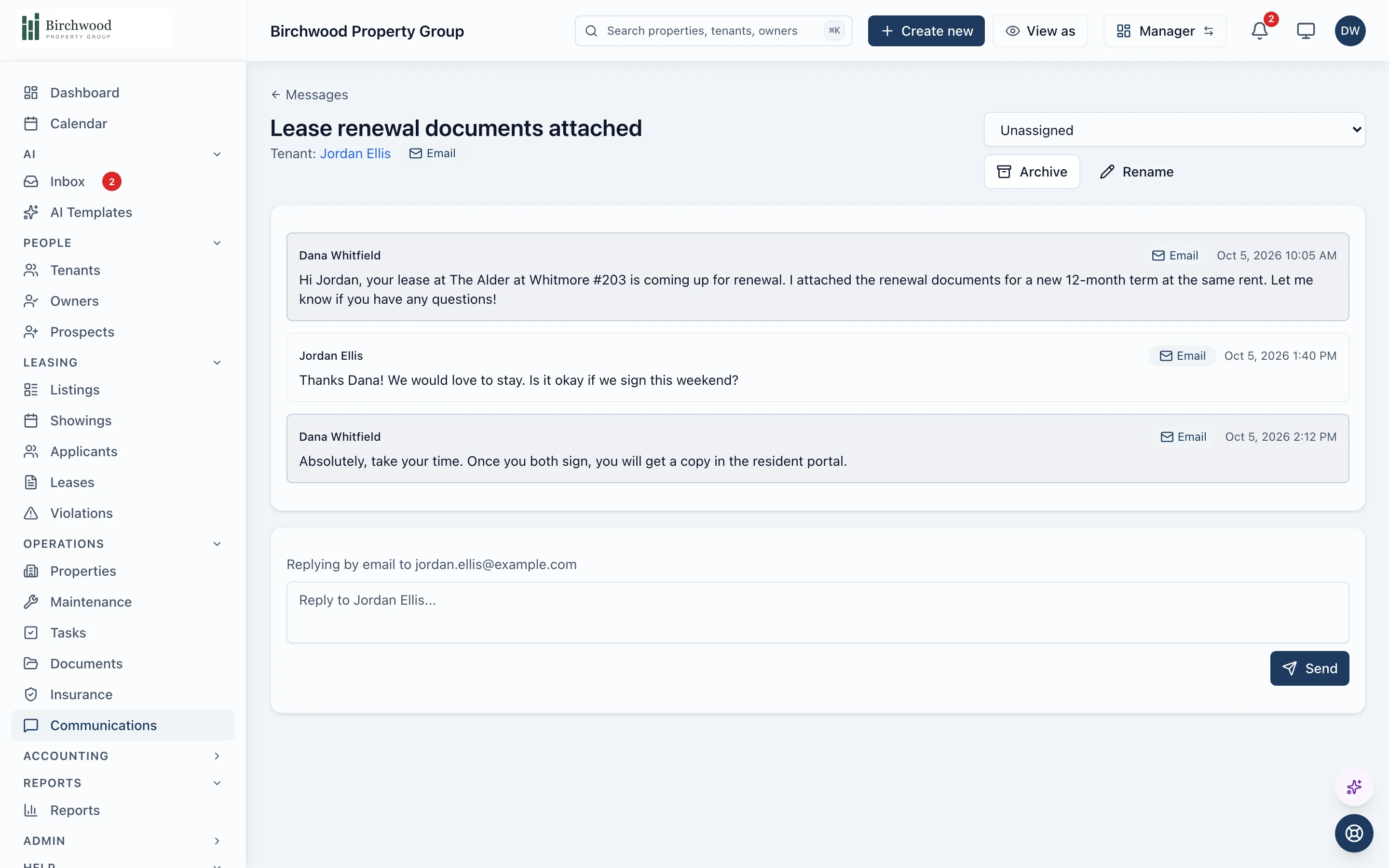 A resident conversation in PaxRent communications: the property manager's email about lease renewal documents, the resident's reply and the manager's answer, with assignment, archive and rename controls and a reply box that answers by email.