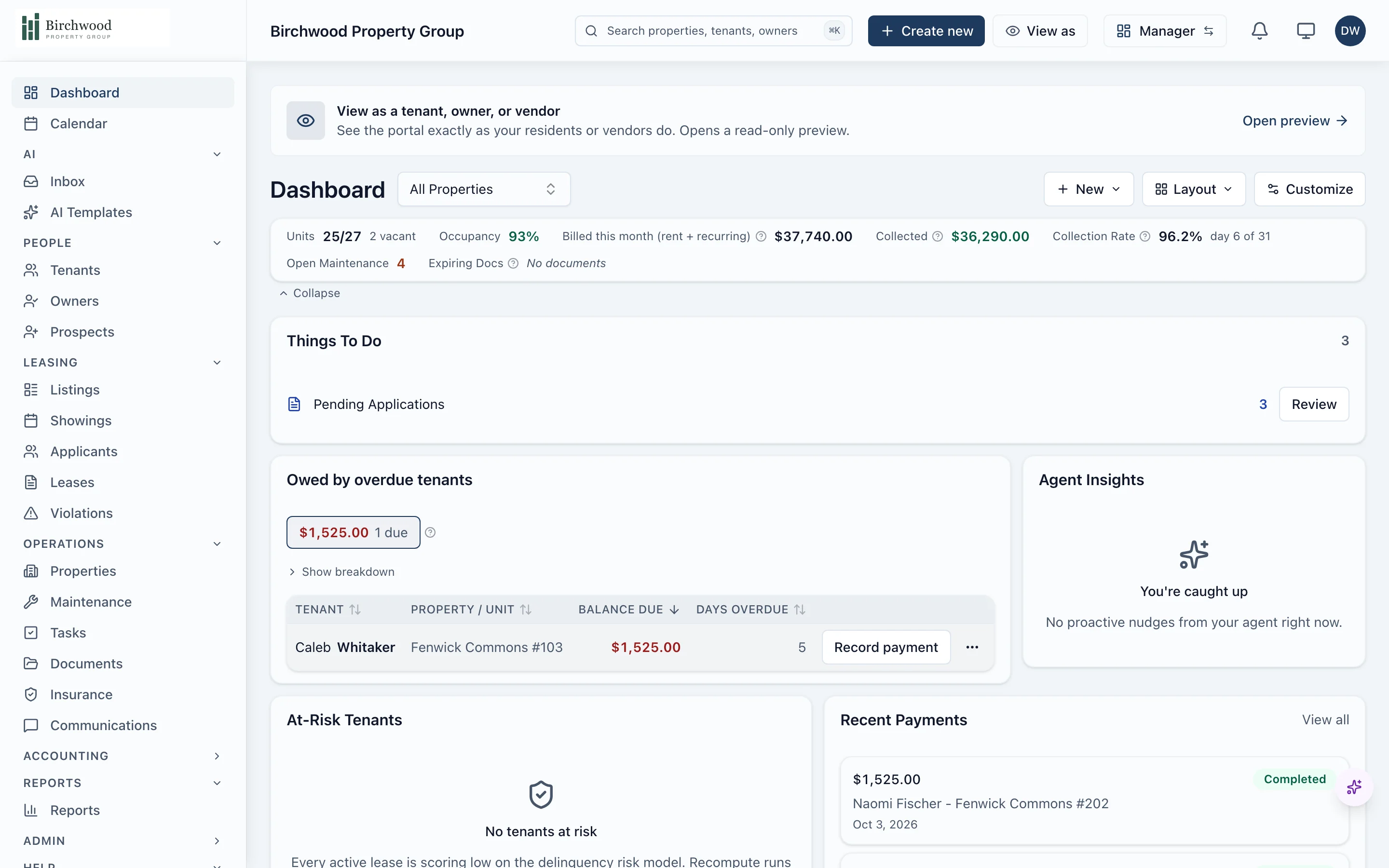 PaxRent manager dashboard for a property management company: units and occupancy, rent billed and collected this month with a 96% collection rate, open maintenance, a Things To Do list with pending applications, one resident with a balance a few days overdue, and recent rent payments.