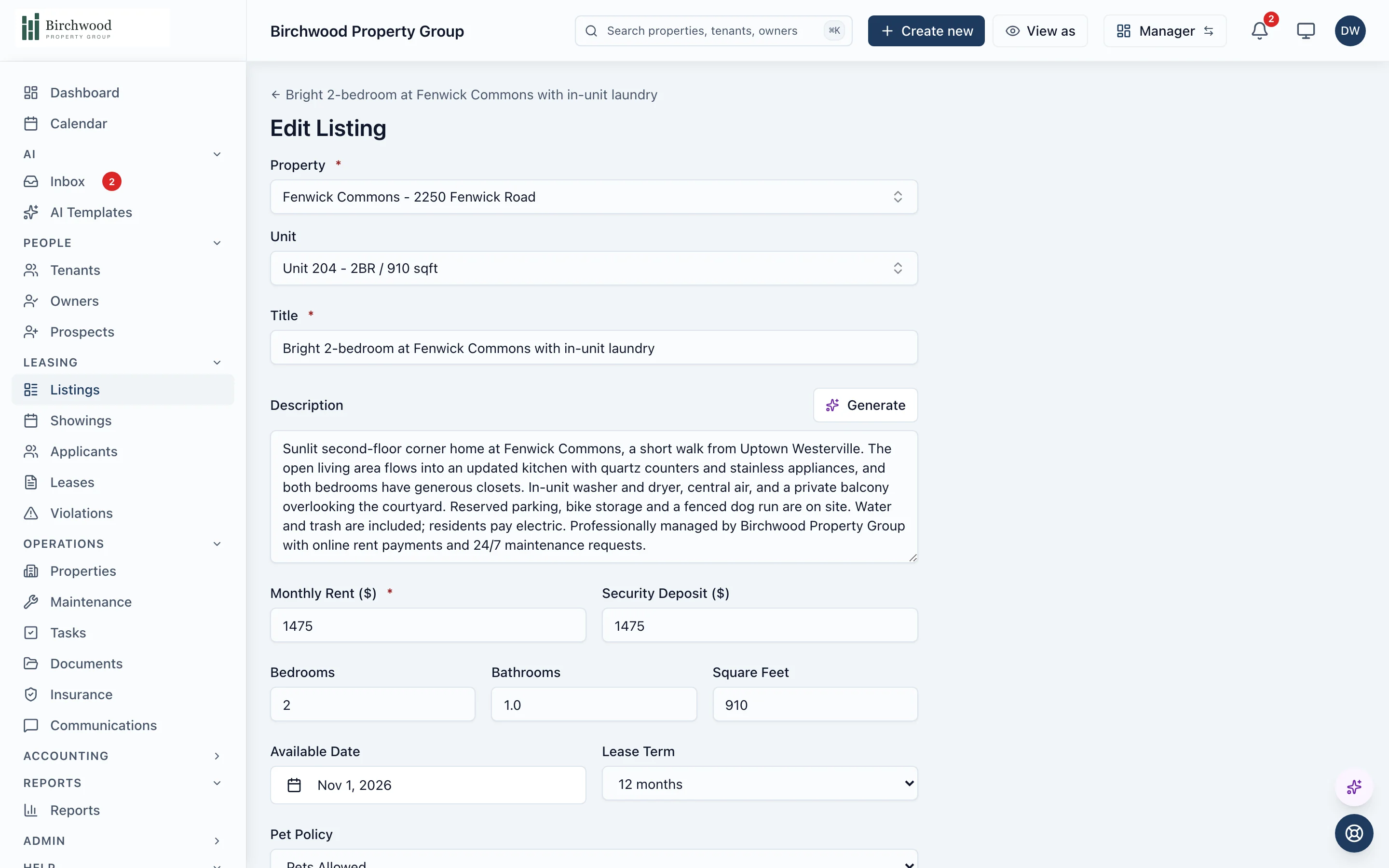 The PaxRent listing editor for a vacant two-bedroom unit: property, unit and title, a description with a Generate button that drafts it with AI, then rent, deposit, bedrooms, bathrooms, square feet, availability and lease term.