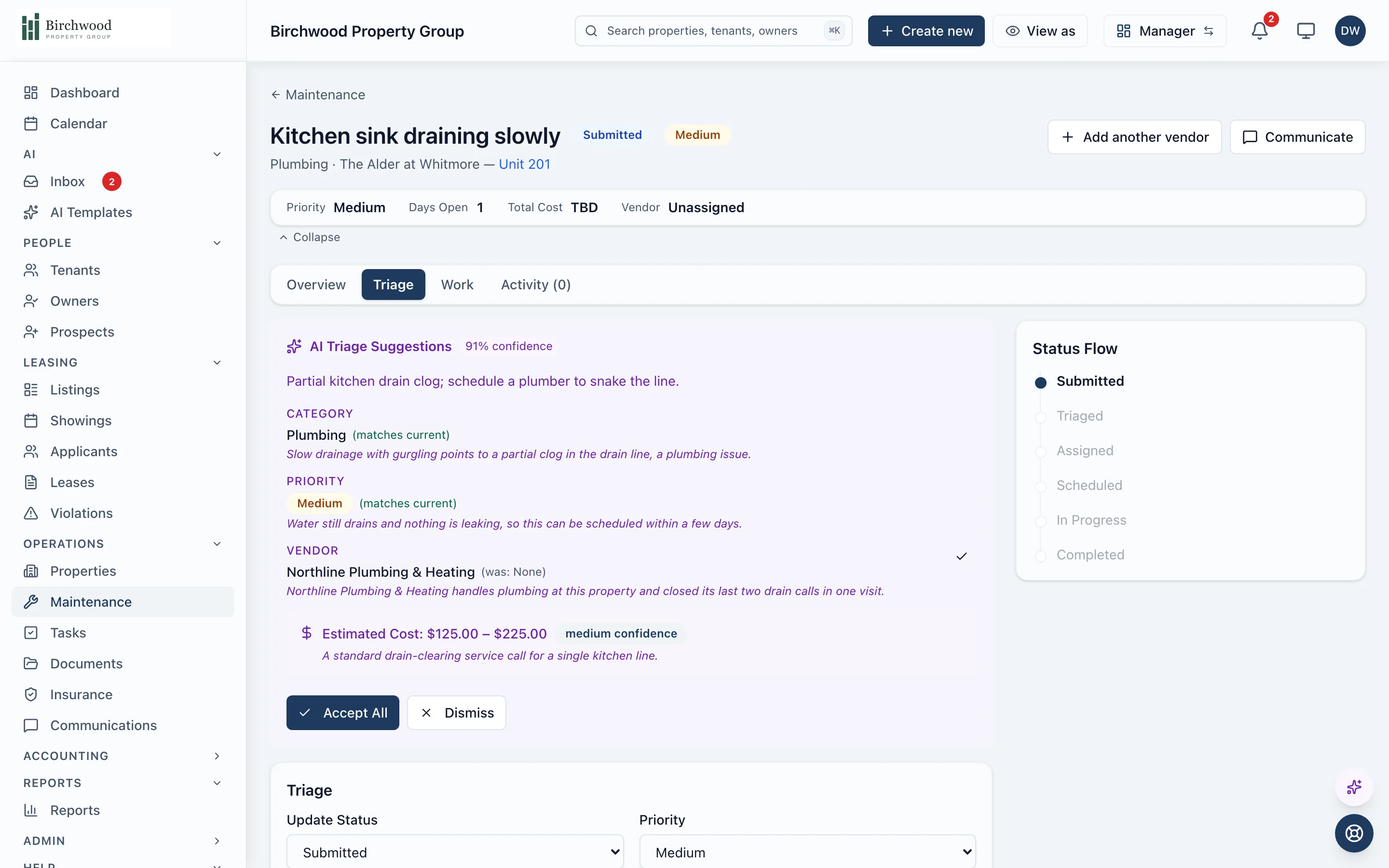 A PaxRent maintenance request for a slow-draining kitchen sink, open one day, on the Triage tab: the AI triage suggestion with 91% confidence, its reasoning for plumbing category, medium priority and a recommended plumber, an estimated cost range, and Accept All or Dismiss buttons.