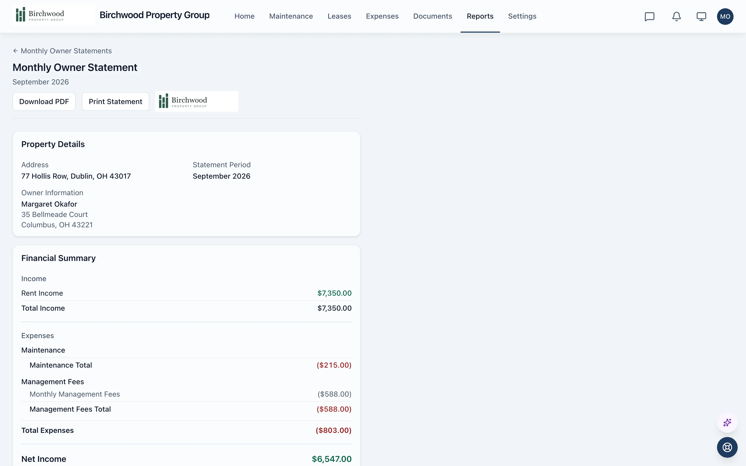 A monthly owner statement in the PaxRent owner portal: the property address and owner details, then rent income, maintenance and management fees, and net income for the month, with Download PDF and Print buttons.